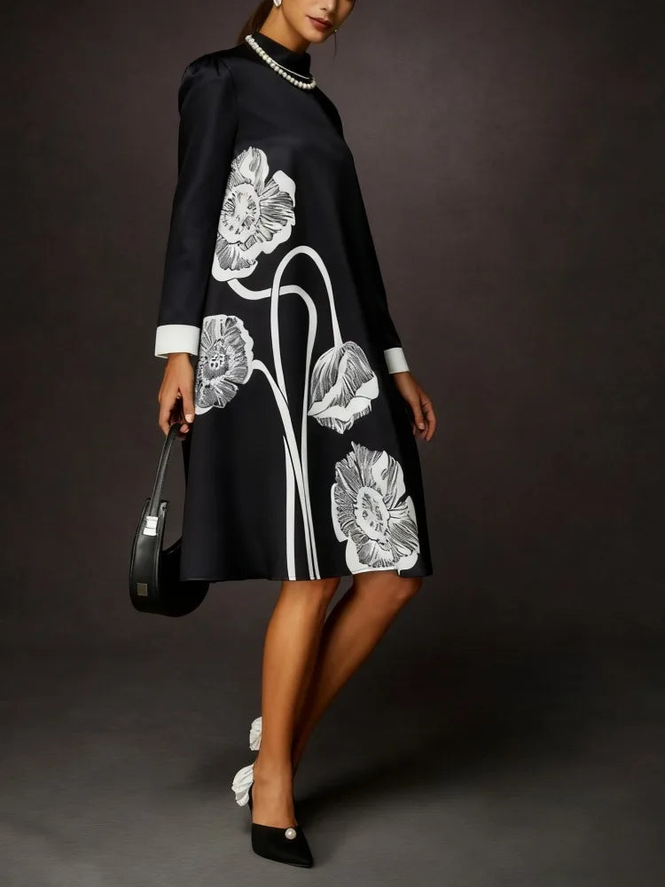 Floral Print Women's Black Party Dresses