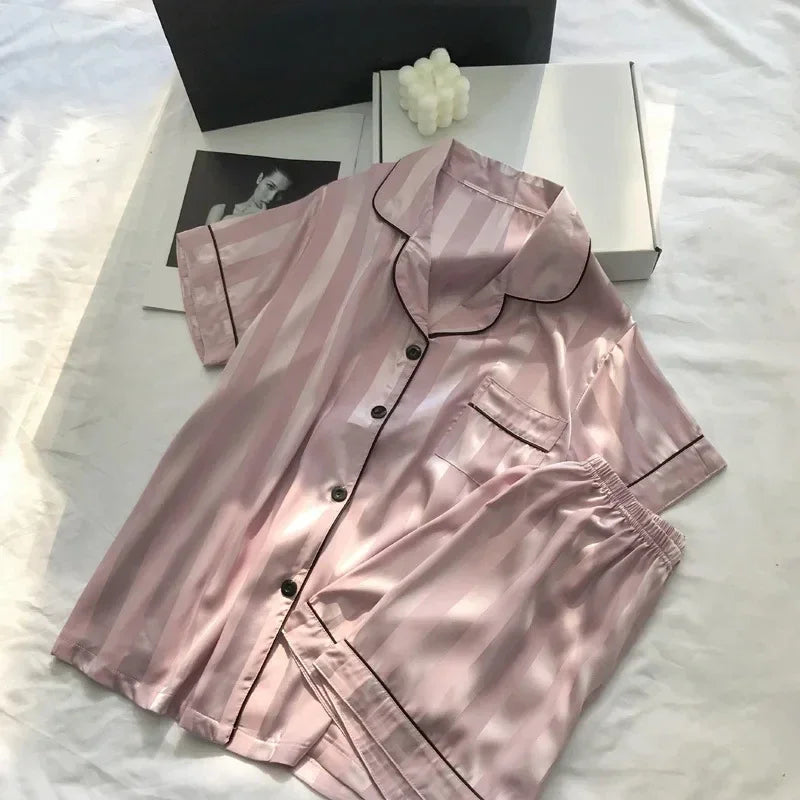 2Pcs/set Ice Silk Women's Pajamas Short Sleeve Short Pants