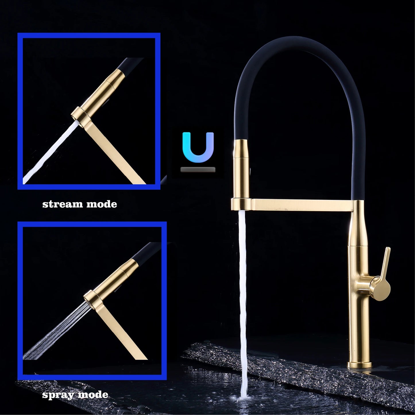 Luxury Brushed Gold Brass Pull Out Kitchen Faucet