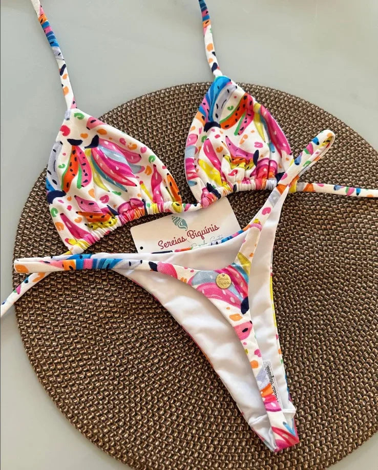 Print Sexy Bikini Sets Halter Lace-up  Beach