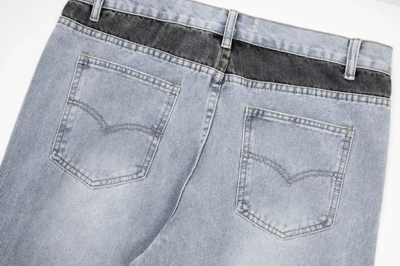 Retro Washed Spliced Denim High Brand Jeans