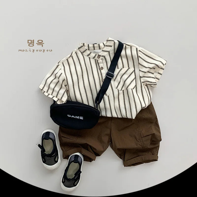 Boys Cotton Striped Pocket Casual Short Sleeve