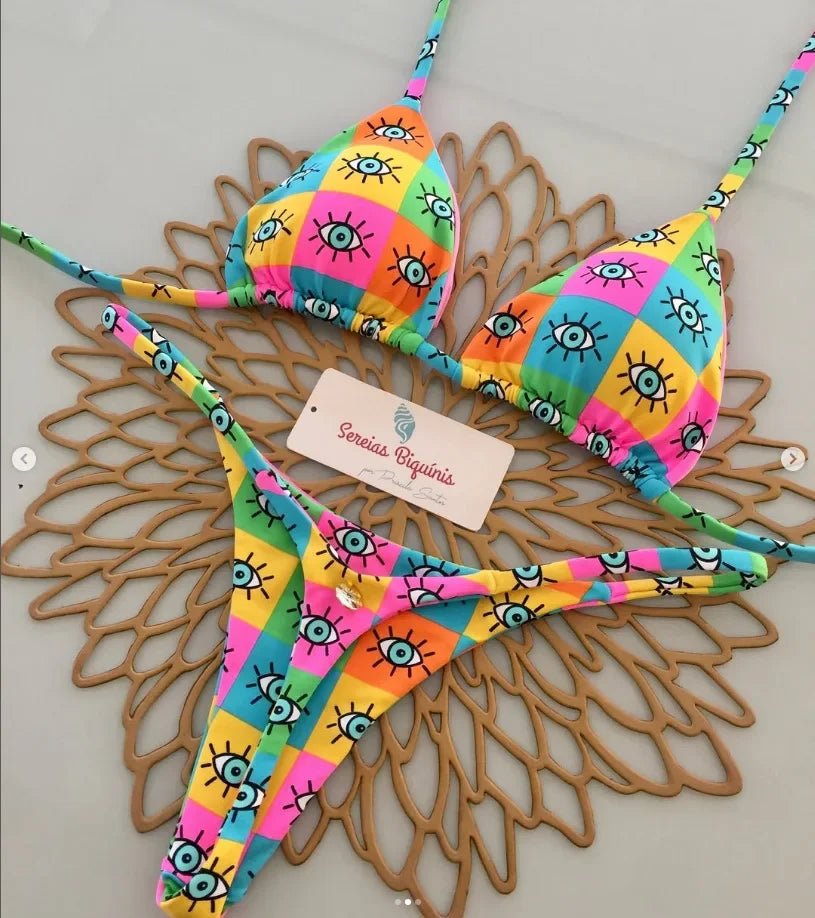 Print Sexy Bikini Sets Halter Lace-up  Beach