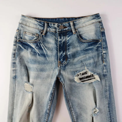 Men Paisley Bandana Print Patch Jeans Skinny