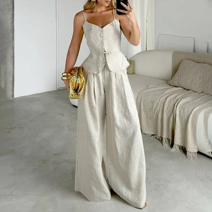 2 Pcs Office Pant Suits Solid Beige Wide Leg
