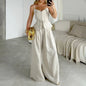 2 Pcs Office Pant Suits Solid Beige Wide Leg