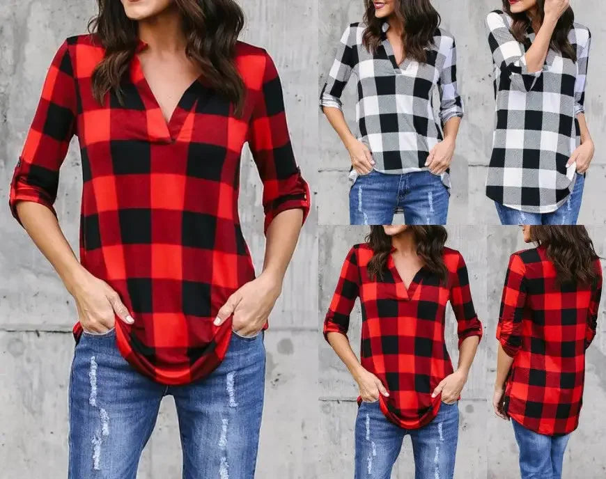 Fashion Plaid V-neck T-Shirt Woman Casual Shirt