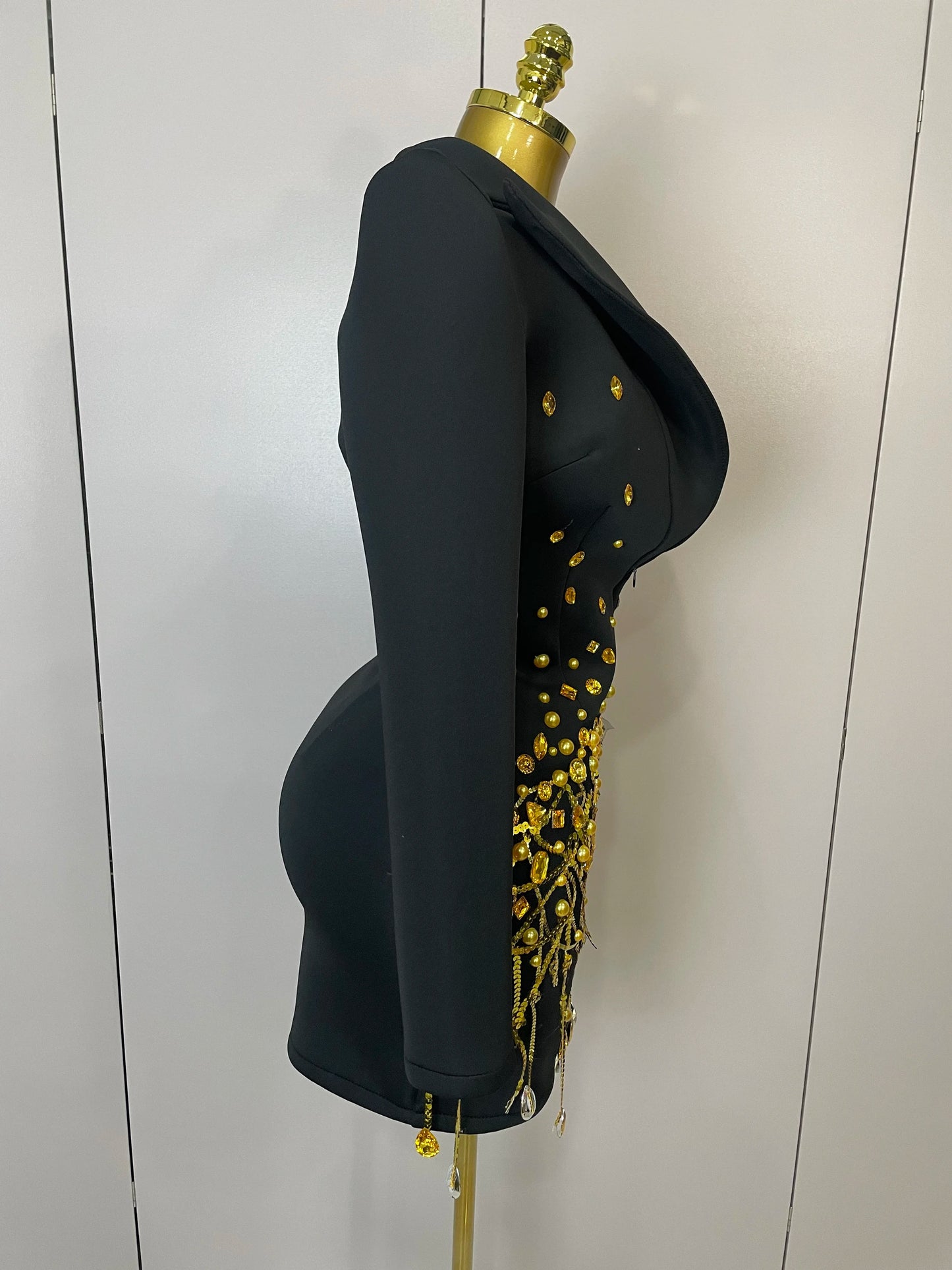 Sparkly Crystal Pearls Long Sleeve Mini Dress