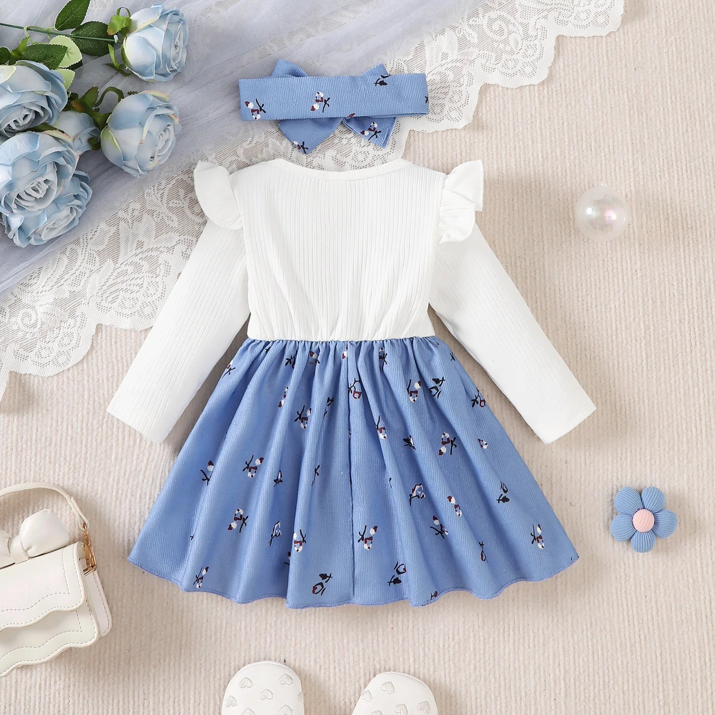 2pc Baby Girl Broken Flowers Big Bow Princess Dress