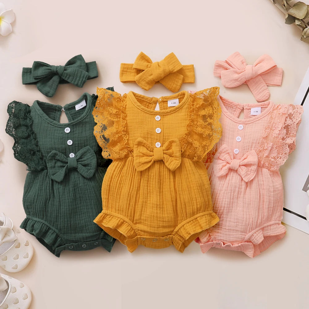 0-18 Month Solid Color Sleeveless Round Neck Lace Edge