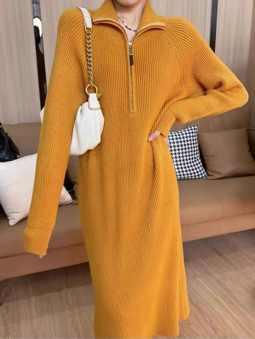 Plain Long Polo Collar Woman Knitted Dress