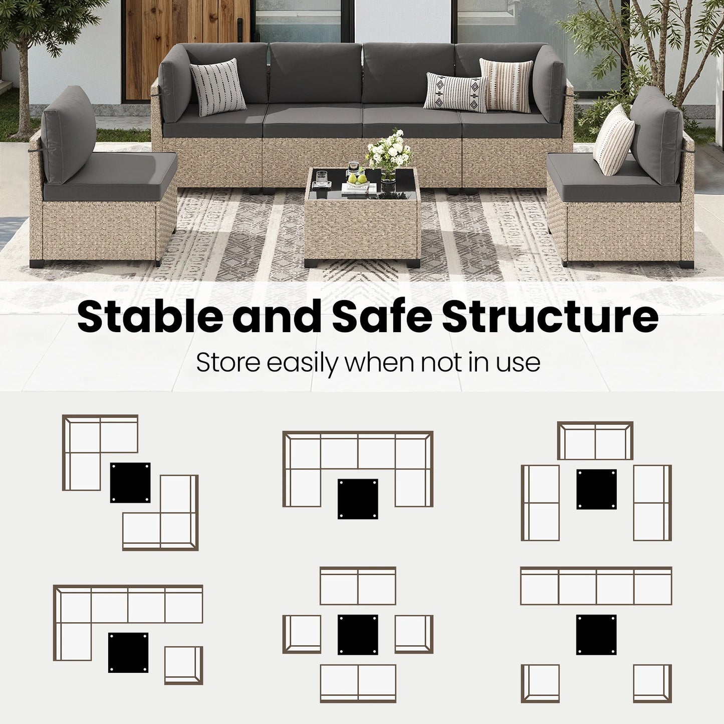 7-Piece Outdoor Rattan Sectional Sofa with Tempered Glass