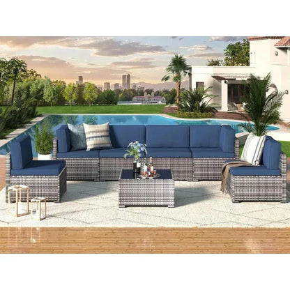 7 Piece Rattan Gray Wicker Outdoor Sectional Furniture Set