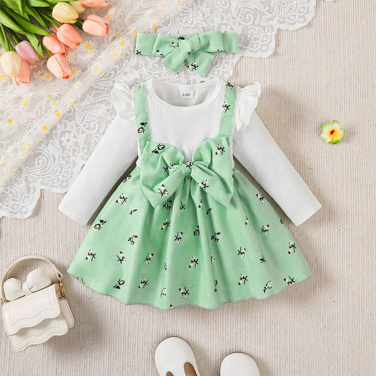 2pc Baby Girl Broken Flowers Big Bow Princess Dress