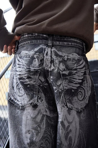Oversized Print Baggy Jeans Men Vintage Gothic