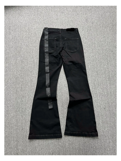 Basic Black Ribbon Loose Flared Casual Jeans