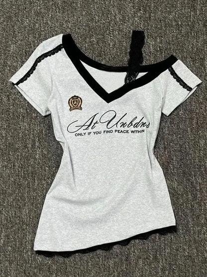 White-Gray Lace Sport Sexy Women V neck