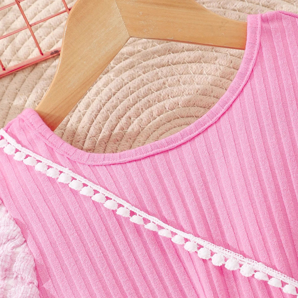 Girls Bubble Sleeve Ribbed Short Romper Set
