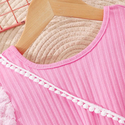 Girls Bubble Sleeve Ribbed Short Romper Set