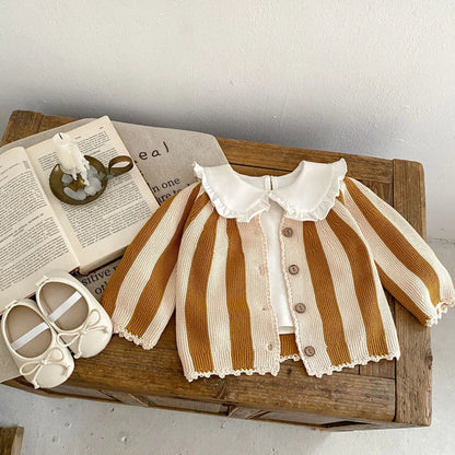 2 Pcs Baby Girls Long Sleeve Striped Cardigan Coat+ Shorts