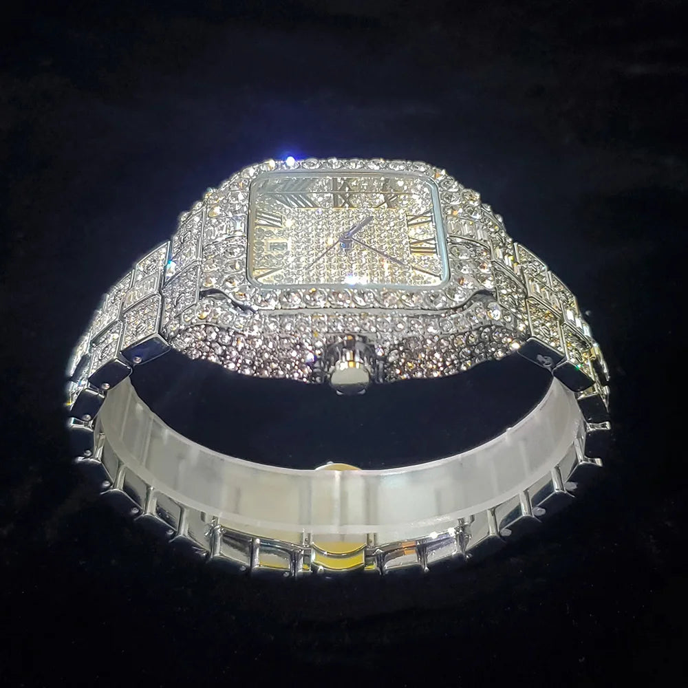 Mens Luxury Diamond Fashion Square Stainless Steel