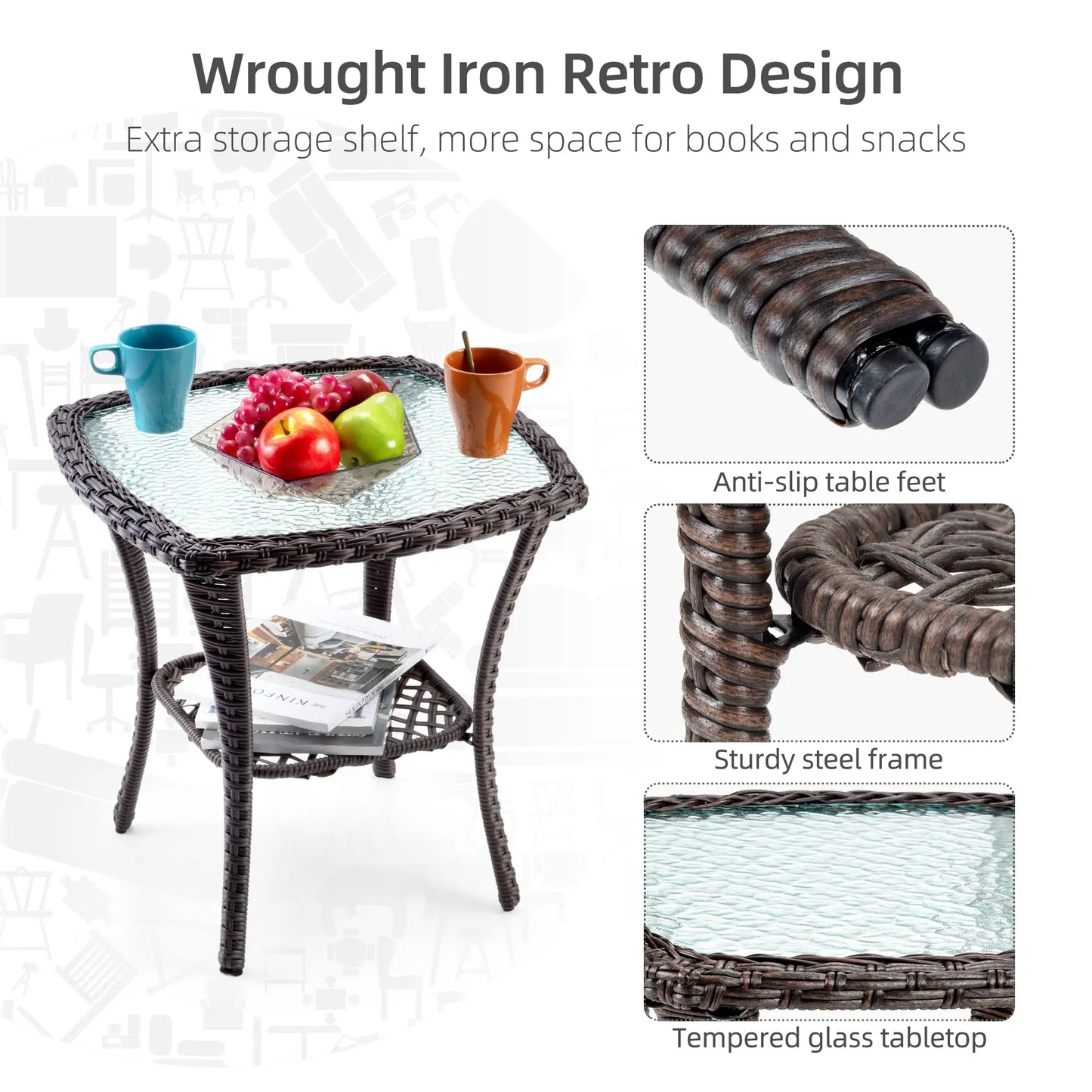 3-Piece Wicker Swivel Rocker Patio Set, Glass Table