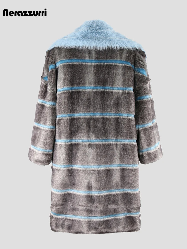 Oversized Striped Thick Patchwork Faux Fur Coat