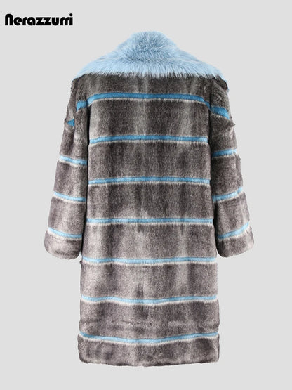Oversized Striped Thick Patchwork Faux Fur Coat