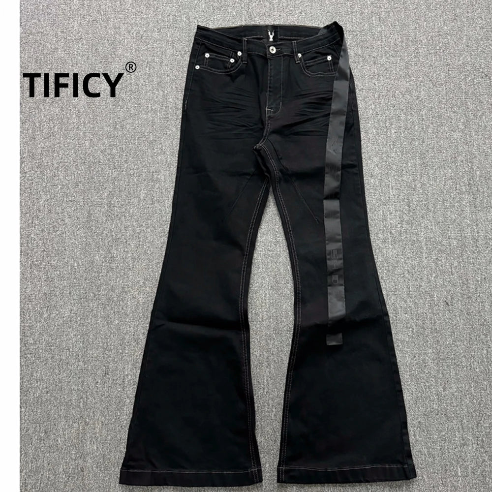 Basic Black Ribbon Loose Flared Casual Jeans