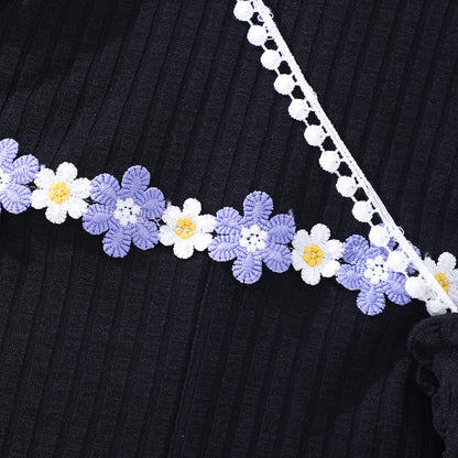 Girls Bubble Sleeve Ribbed Short Romper Set