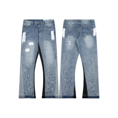 Retro Washed Spliced Denim High Brand Jeans