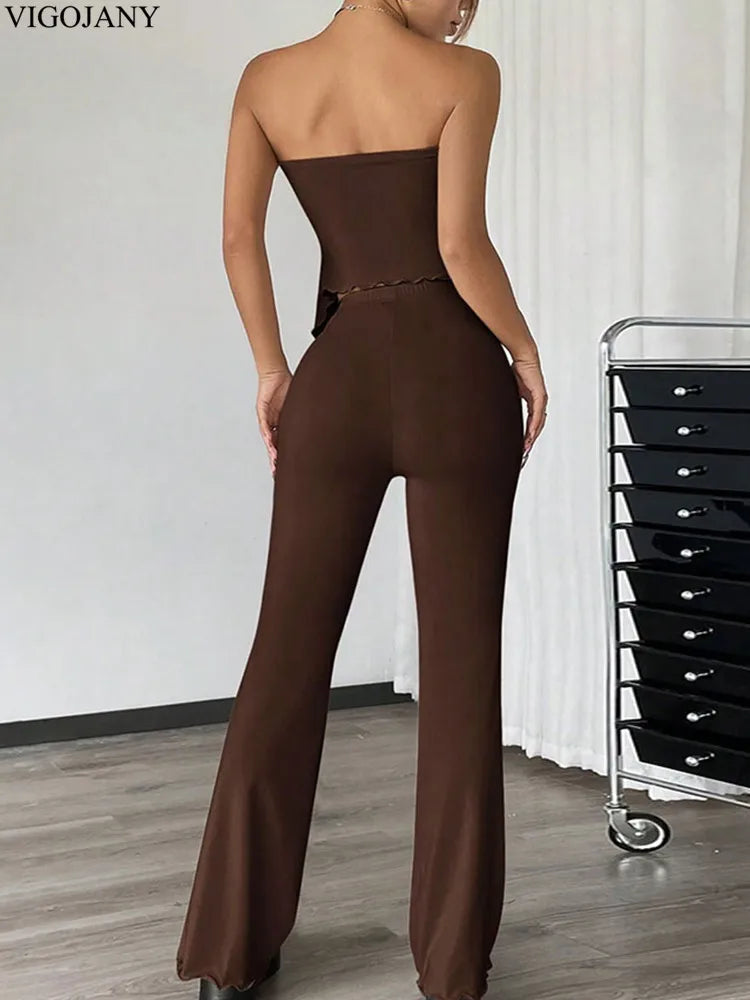 2 Pcs Brown Sexy Bandeau Top High Waist Pants