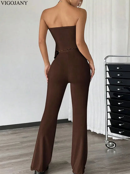 2 Pcs Brown Sexy Bandeau Top High Waist Pants