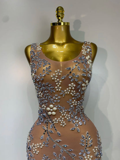 Lxury Diamonds Mesh See Through Long Dress