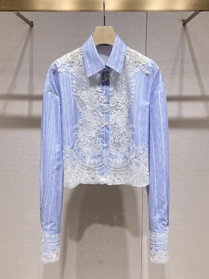 Lace Embroidery Patchwork Short Shirts
