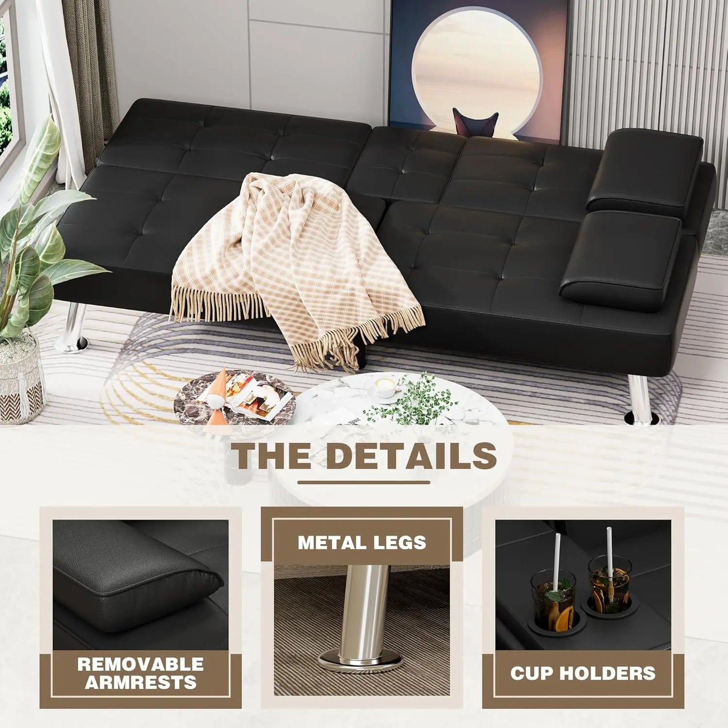 Leather Futon Couch with Removable Armrests