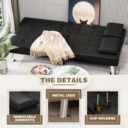 Leather Futon Couch with Removable Armrests