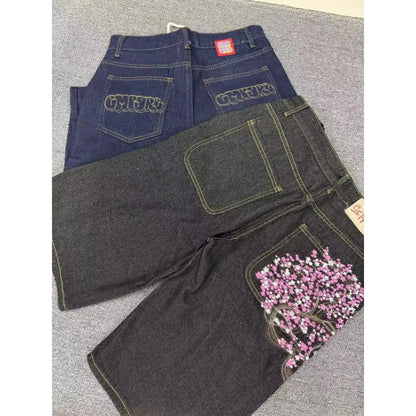 Embroidered Straight Short Denim Wide-Leg Jeans