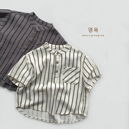 Boys Cotton Striped Pocket Casual Short Sleeve
