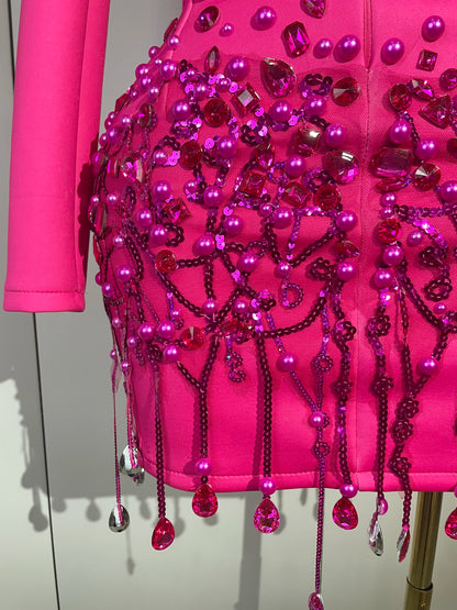Sparkly Crystal Pearls Long Sleeve Mini Dress
