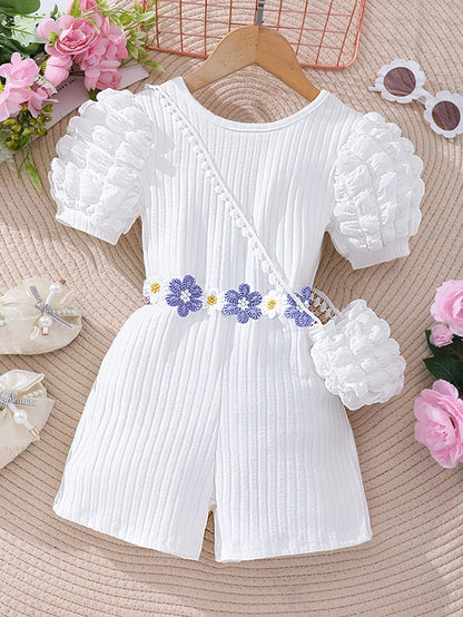 Girls Bubble Sleeve Ribbed Short Romper Set