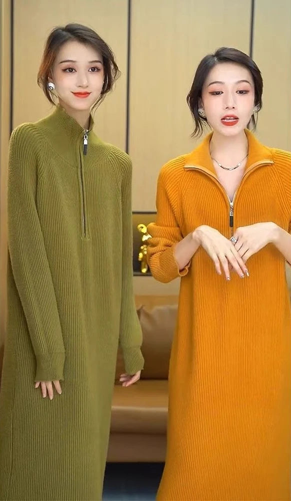 Plain Long Polo Collar Woman Knitted Dress