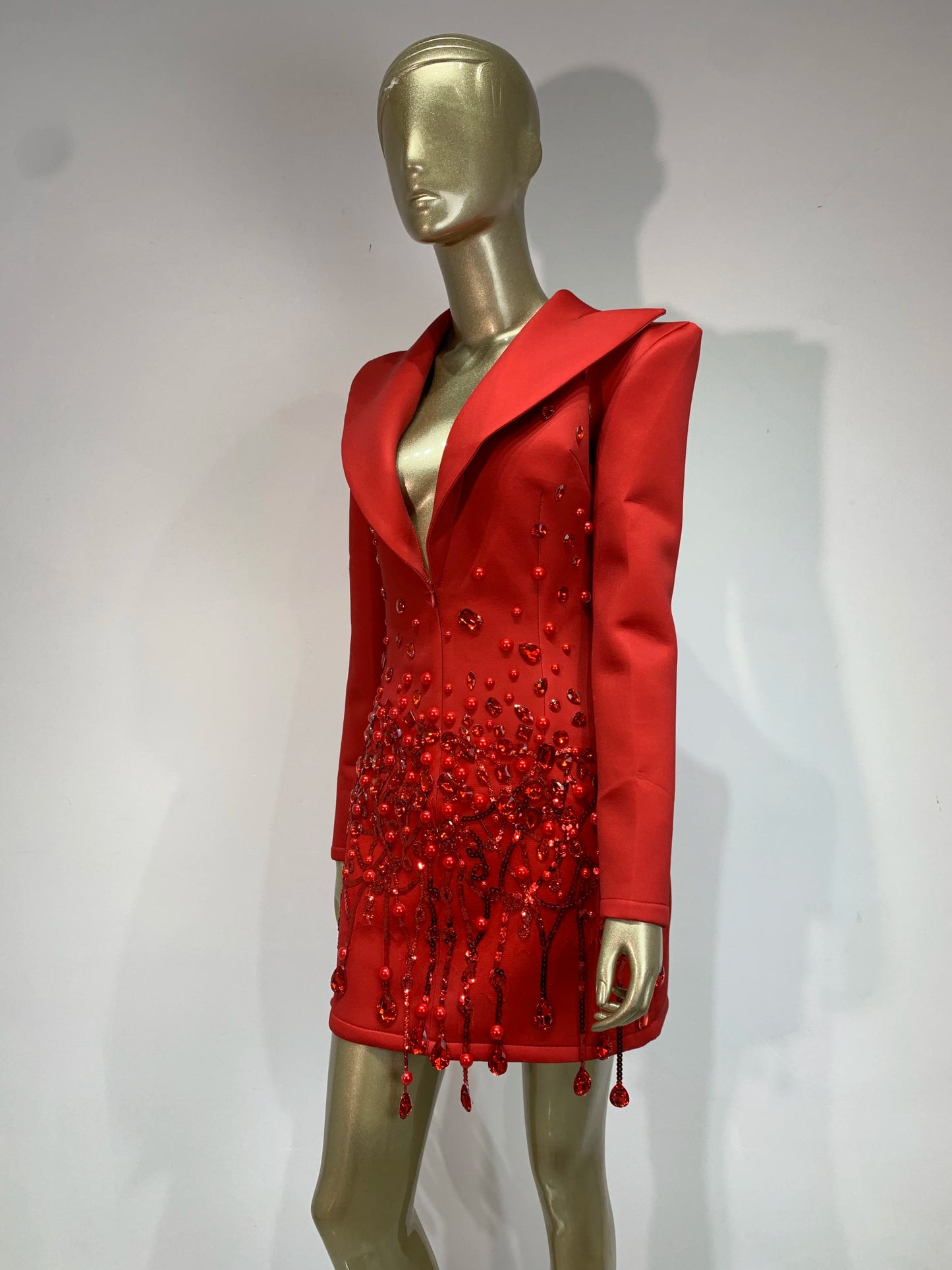 Sparkly Crystal Pearls Mini Dress Luxury Red Fashion