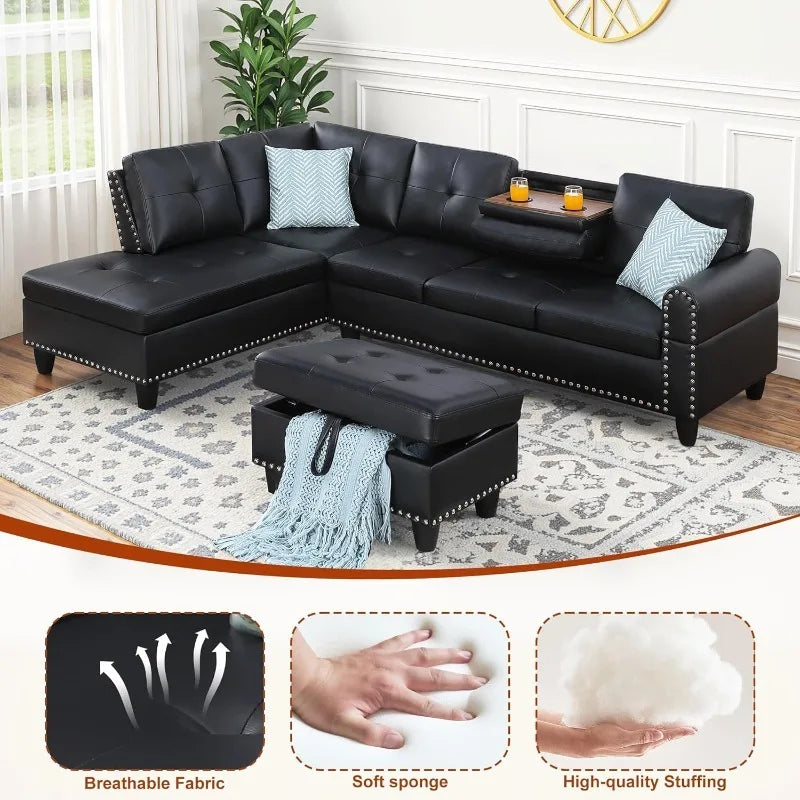 L Shaped Couch 3-Piece Sectional Sofa Set, Classic Black