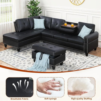 L Shaped Couch 3-Piece Sectional Sofa Set, Classic Black