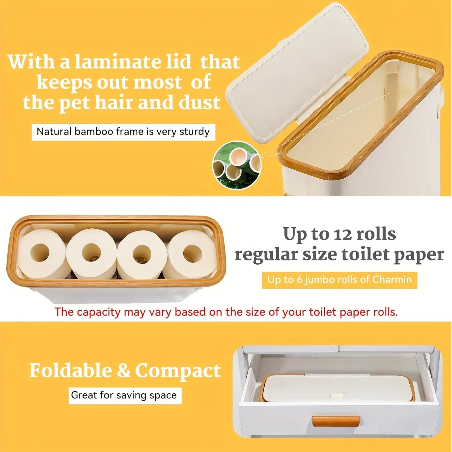 Bamboo toilet paper holder with lid organizer