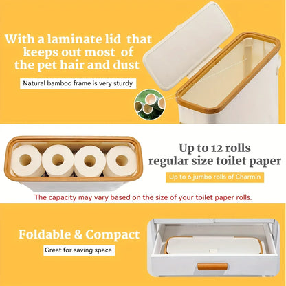 Bamboo toilet paper holder with lid organizer