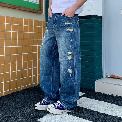 Men's Wide-Leg Jeans Retro Trendy Distressed