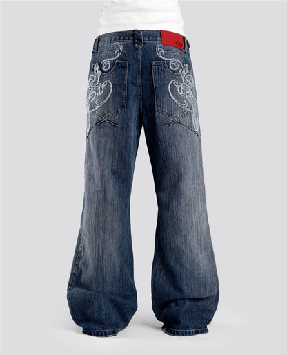 Men/Women Bootcut Jeans Vintage Washed Embroidery Pants