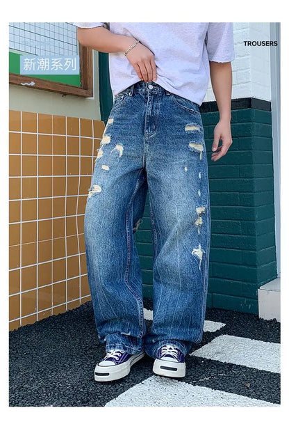 Men's Wide-Leg Jeans Retro Trendy Distressed